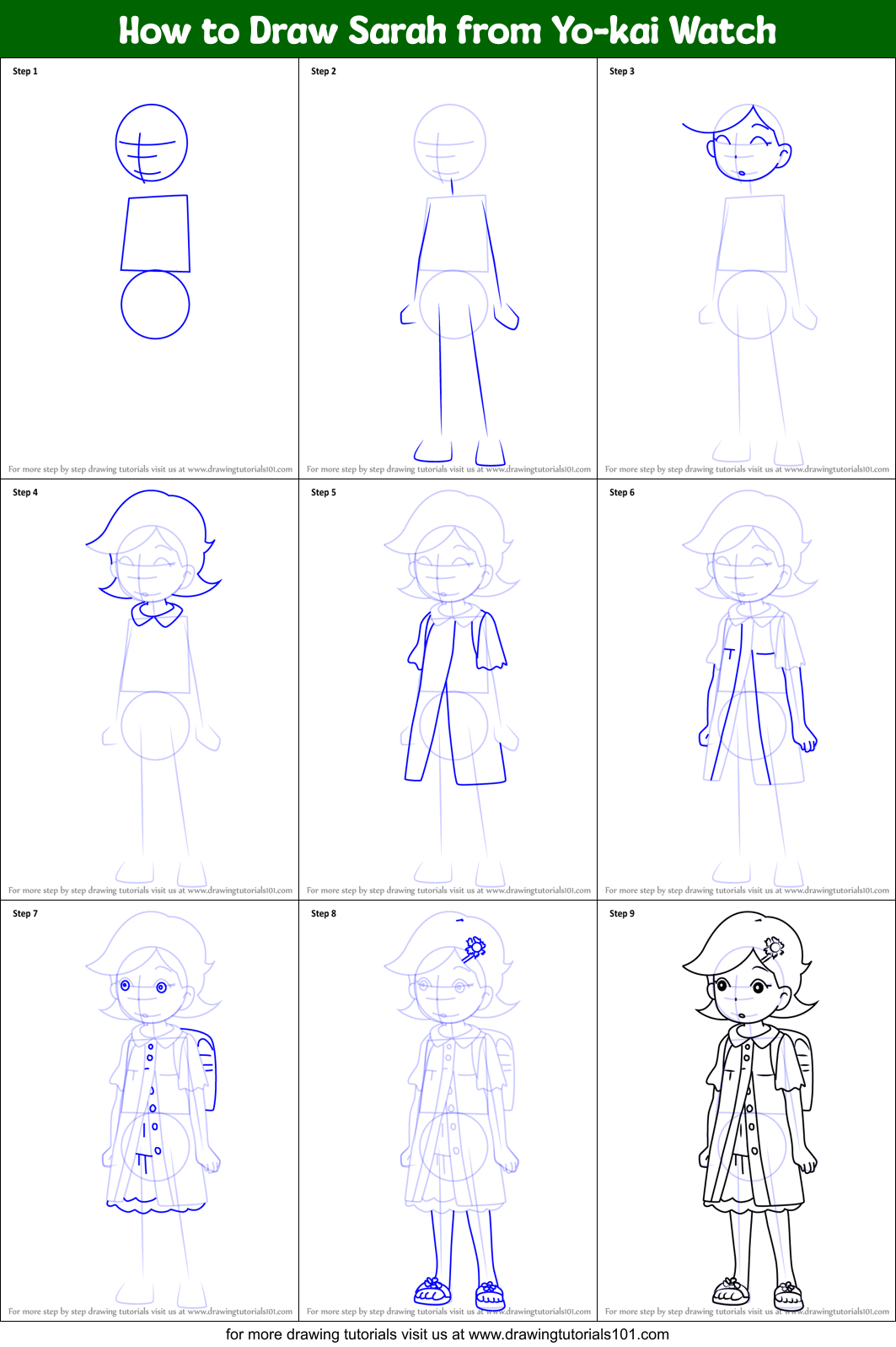 How to Draw Sarah from Yo-kai Watch Printable Step by Step