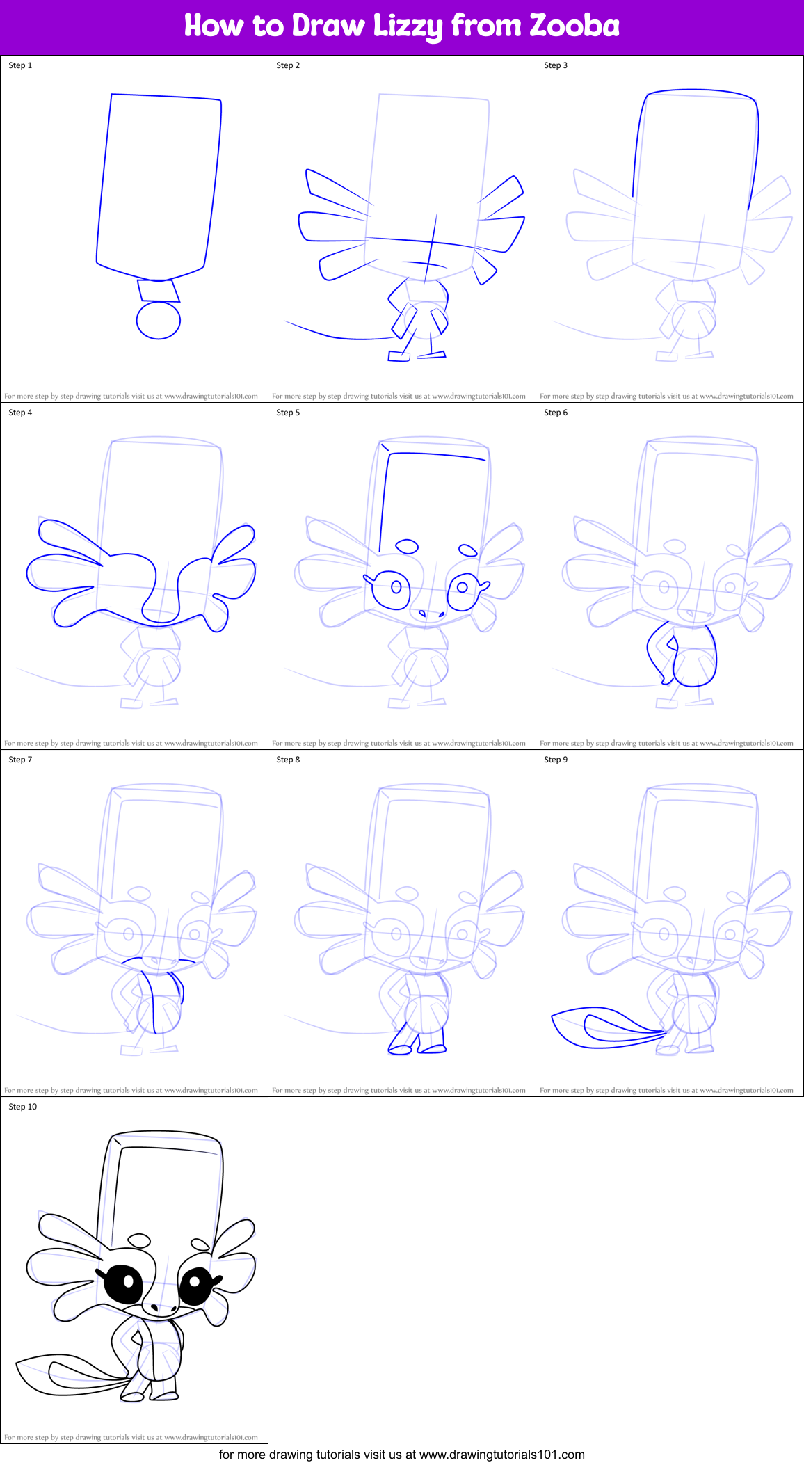 How to Draw Lizzy from Zooba Printable Step by Step