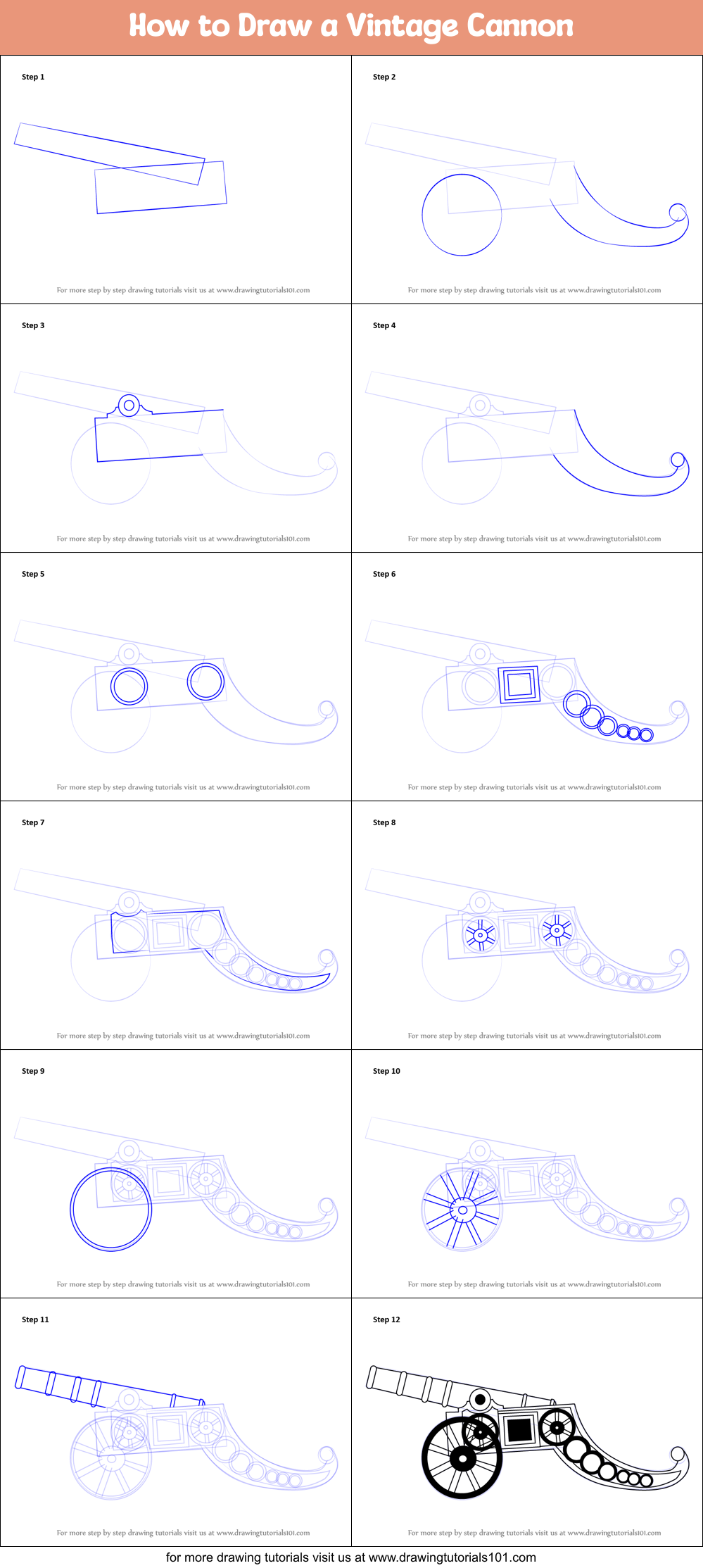 How to Draw a Vintage Cannon Printable Step by Step