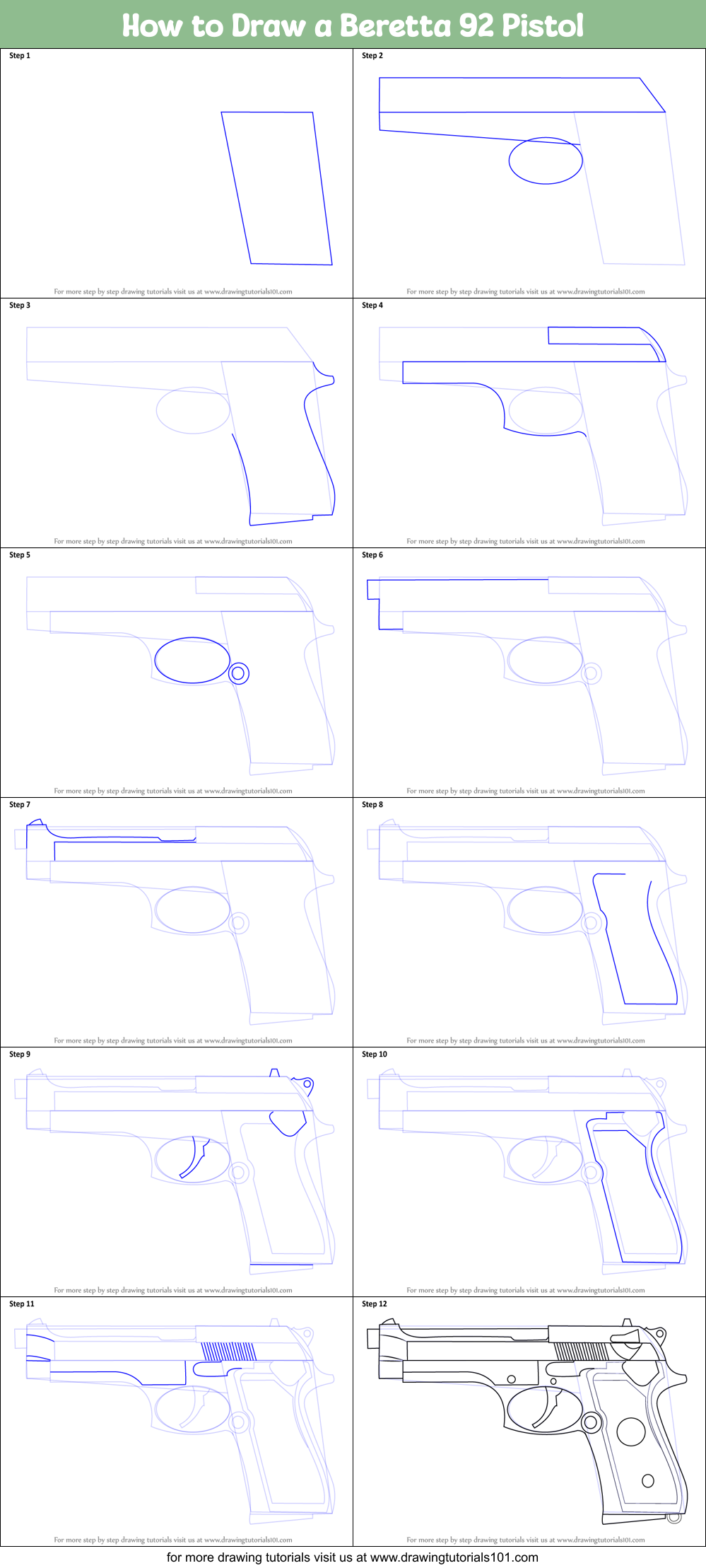 How to Draw a Beretta 92 Pistol Printable Step by Step