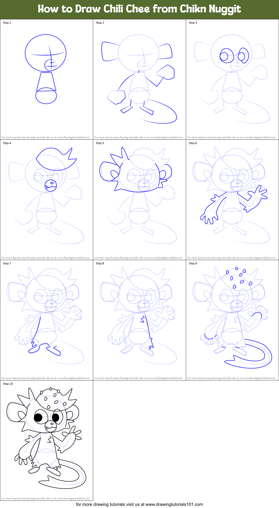 How to Draw Chili Chee from Chikn Nuggit Printable Step by Step