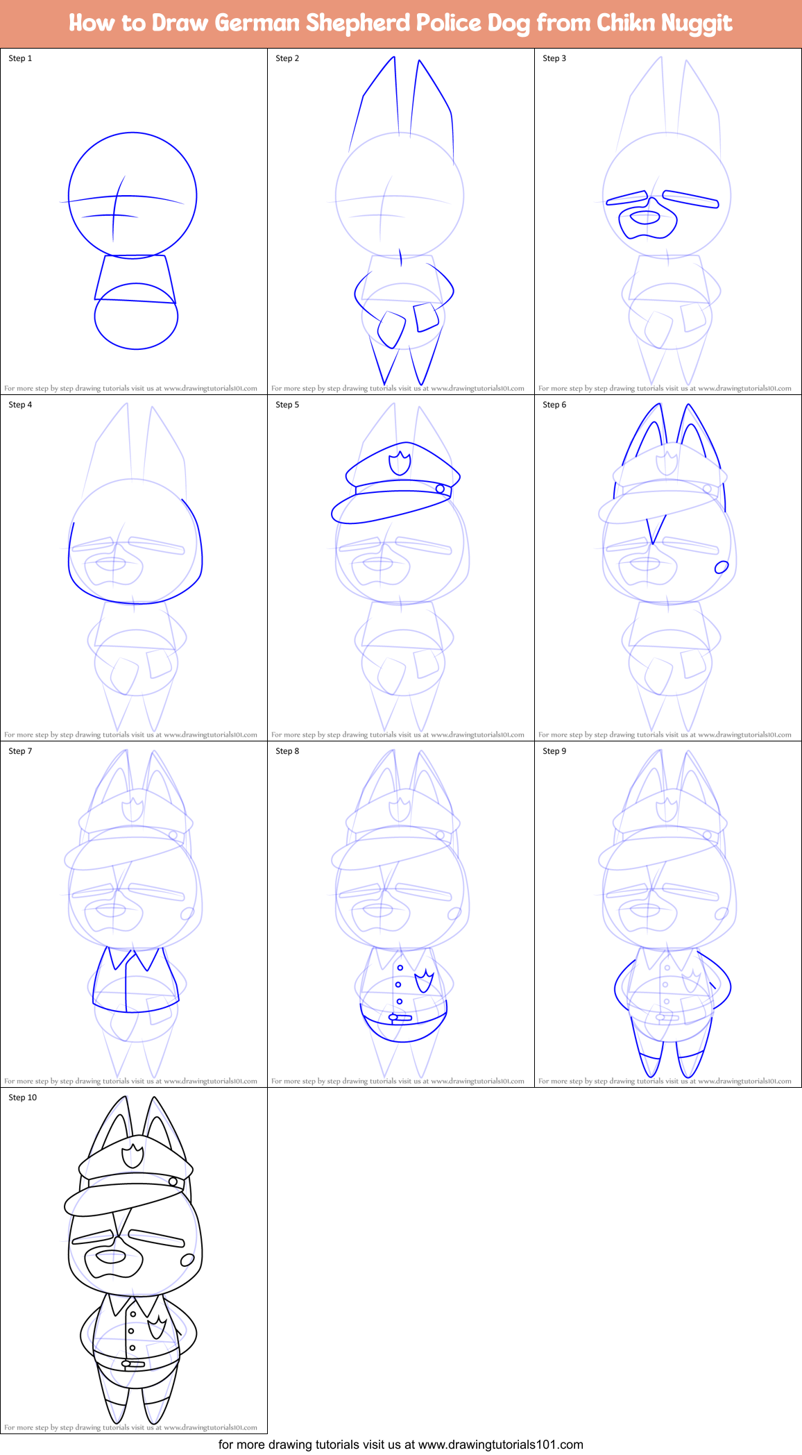 How to Draw German Shepherd Police Dog from Chikn Nuggit Printable Step by Step