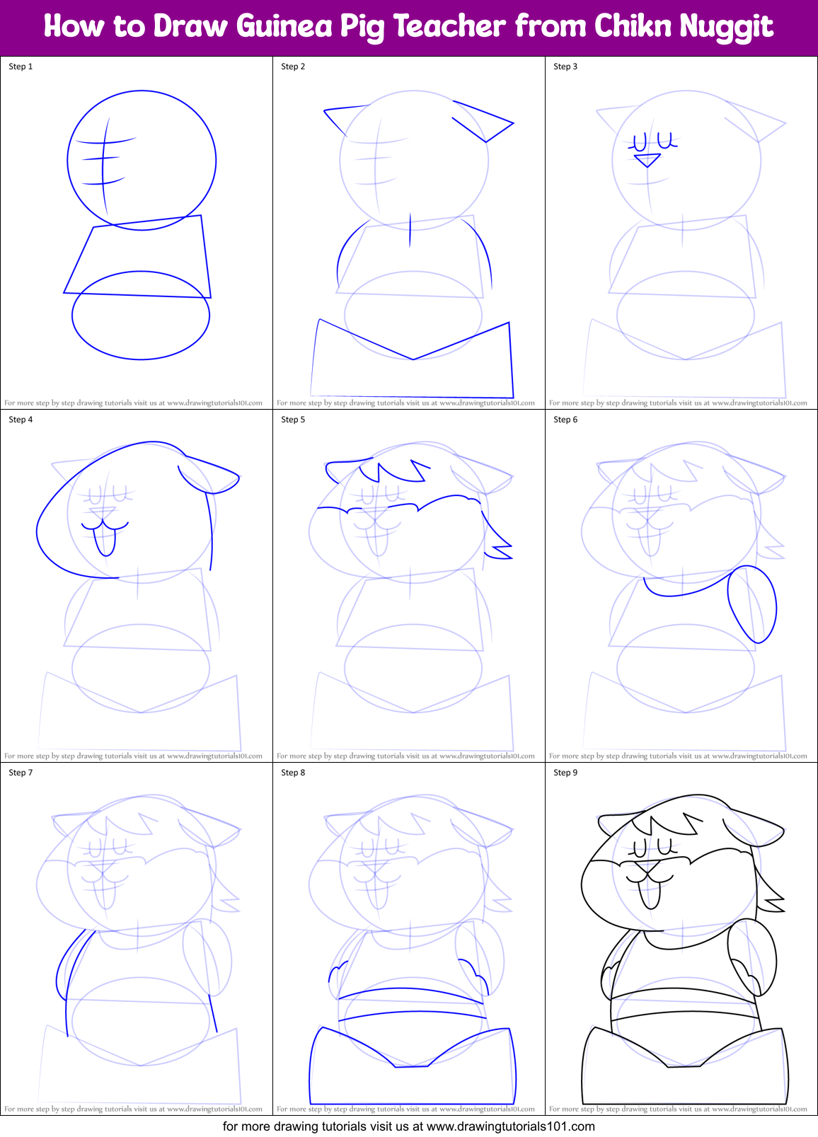 How to Draw Guinea Pig Teacher from Chikn Nuggit Printable Step by Step