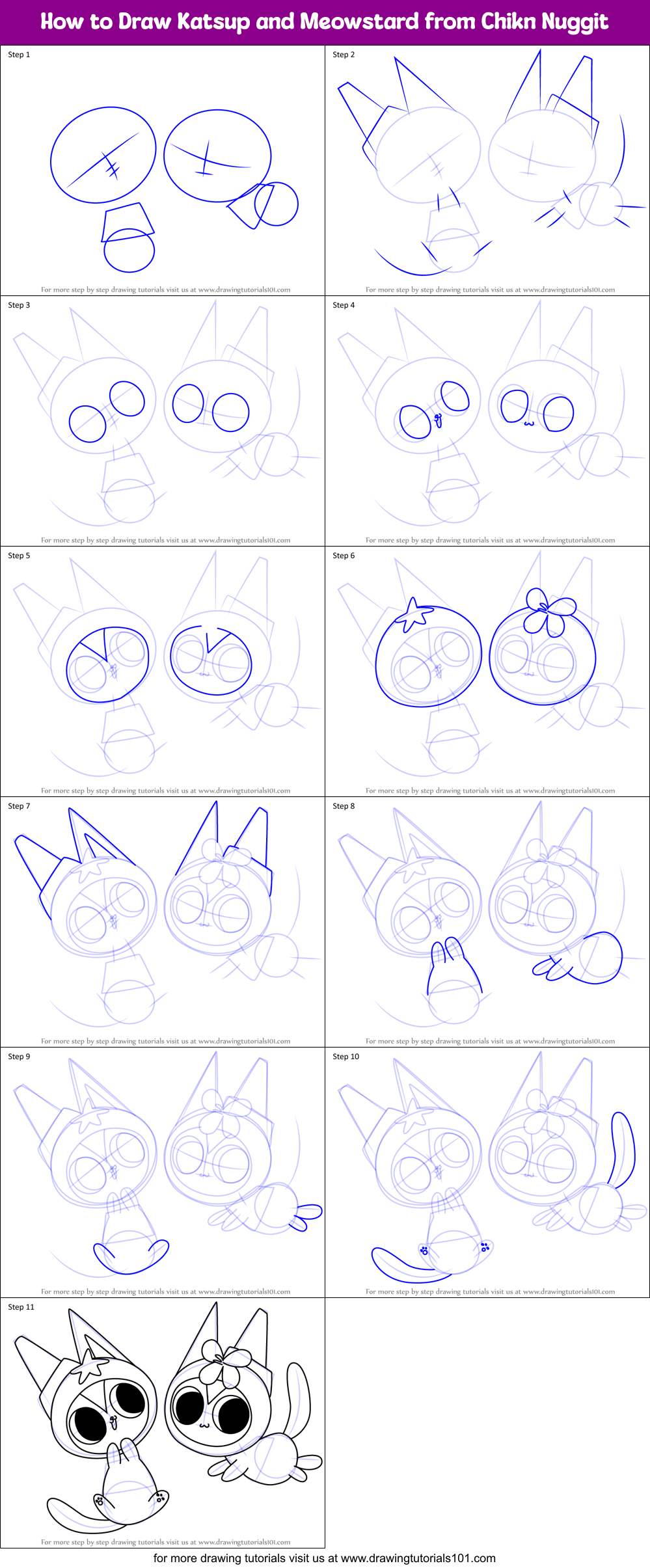 How to Draw Katsup and Meowstard from Chikn Nuggit Printable Step by Step