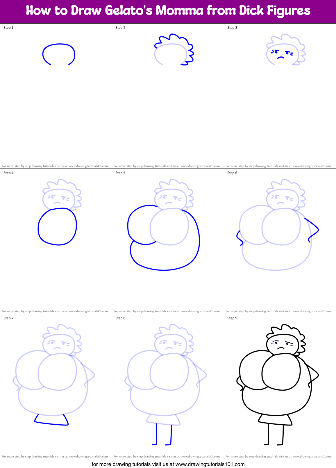 How to Draw Gelato's Momma from Dick Figures Printable Step by Step