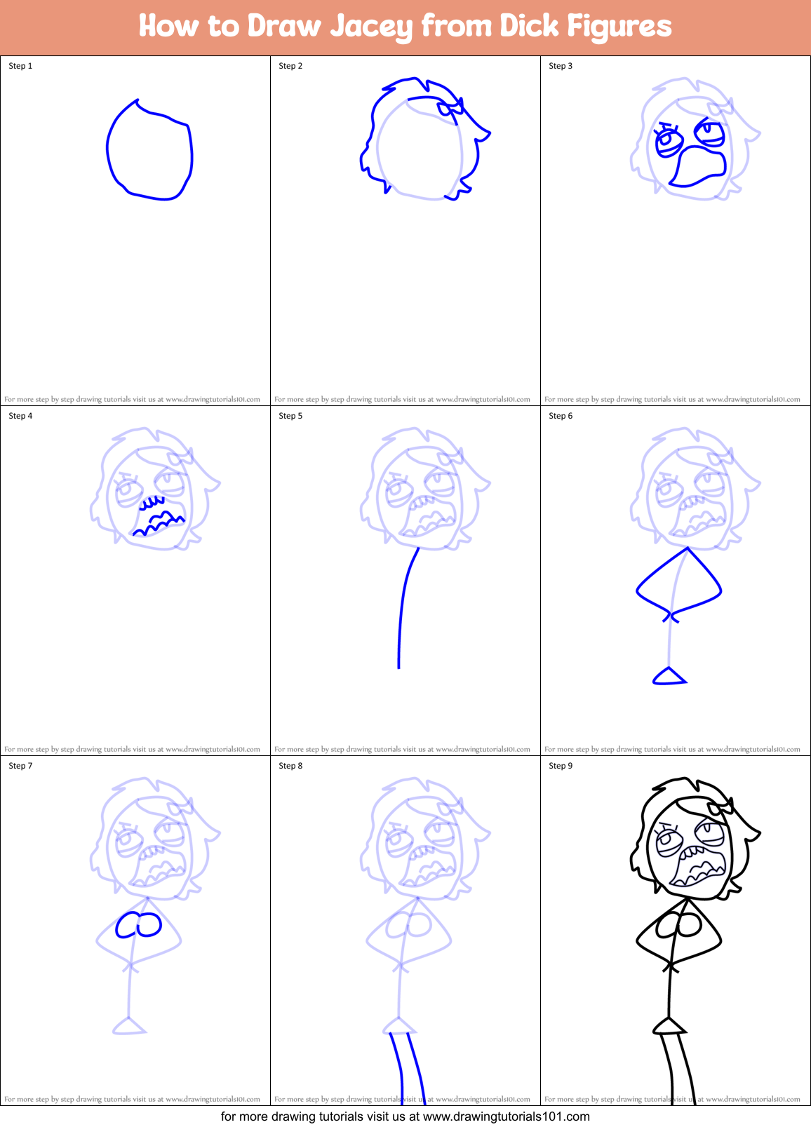 How to Draw Jacey from Dick Figures Printable Step by Step