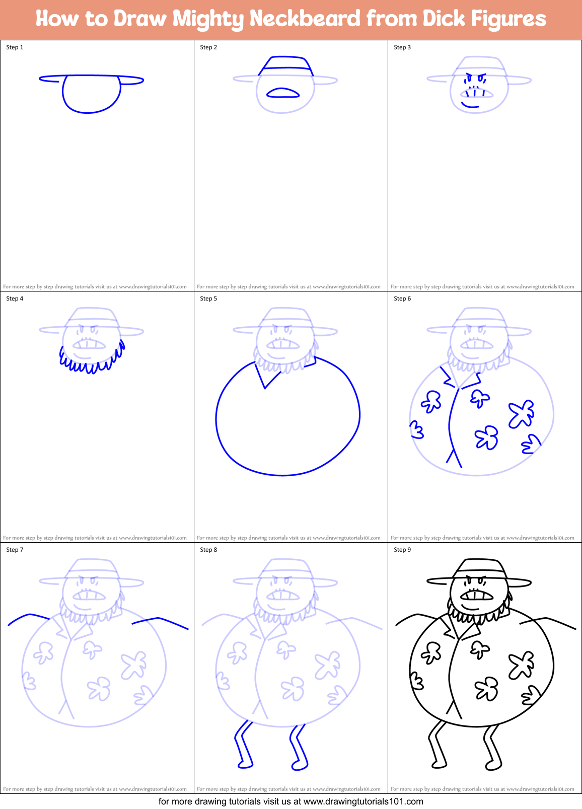 How to Draw Mighty Neckbeard from Dick Figures Printable Step by Step