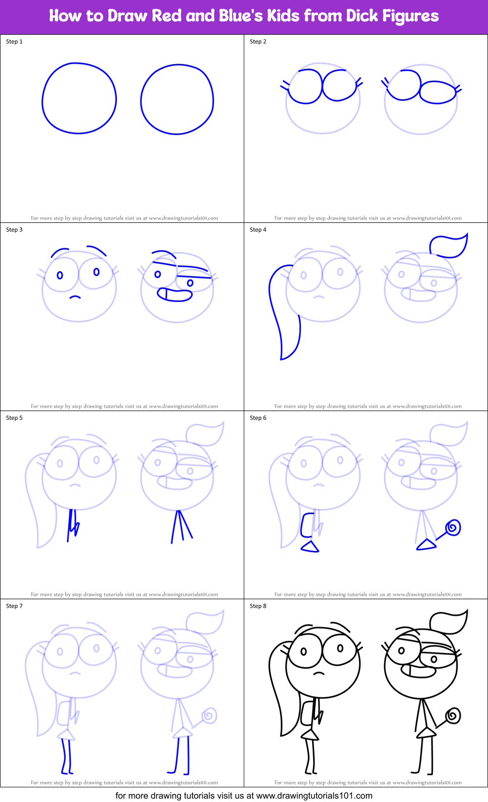 How to Draw Red and Blue's Kids from Dick Figures Printable Step by Step