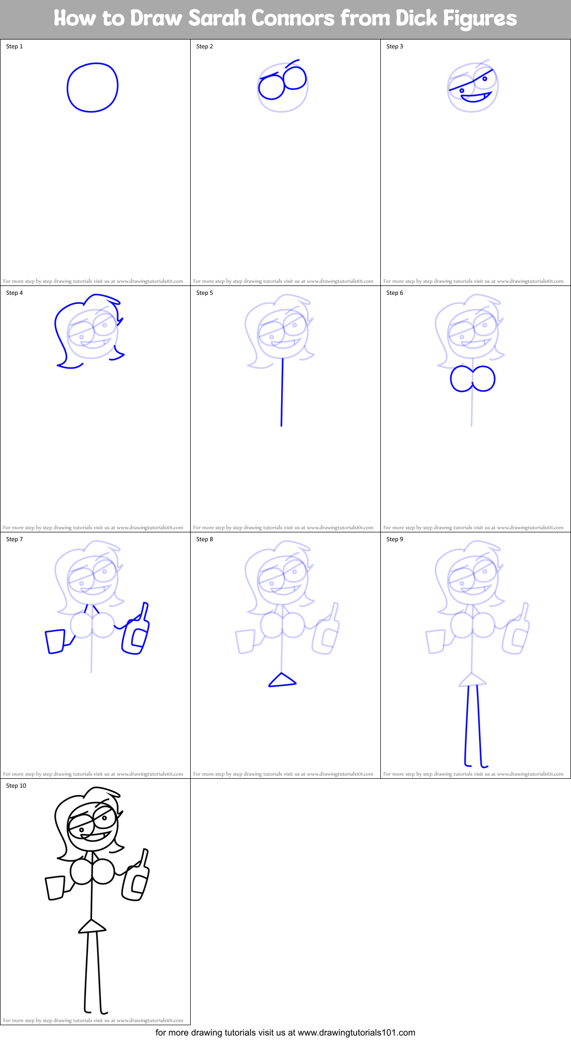How to Draw Sarah Connors from Dick Figures Printable Step by Step