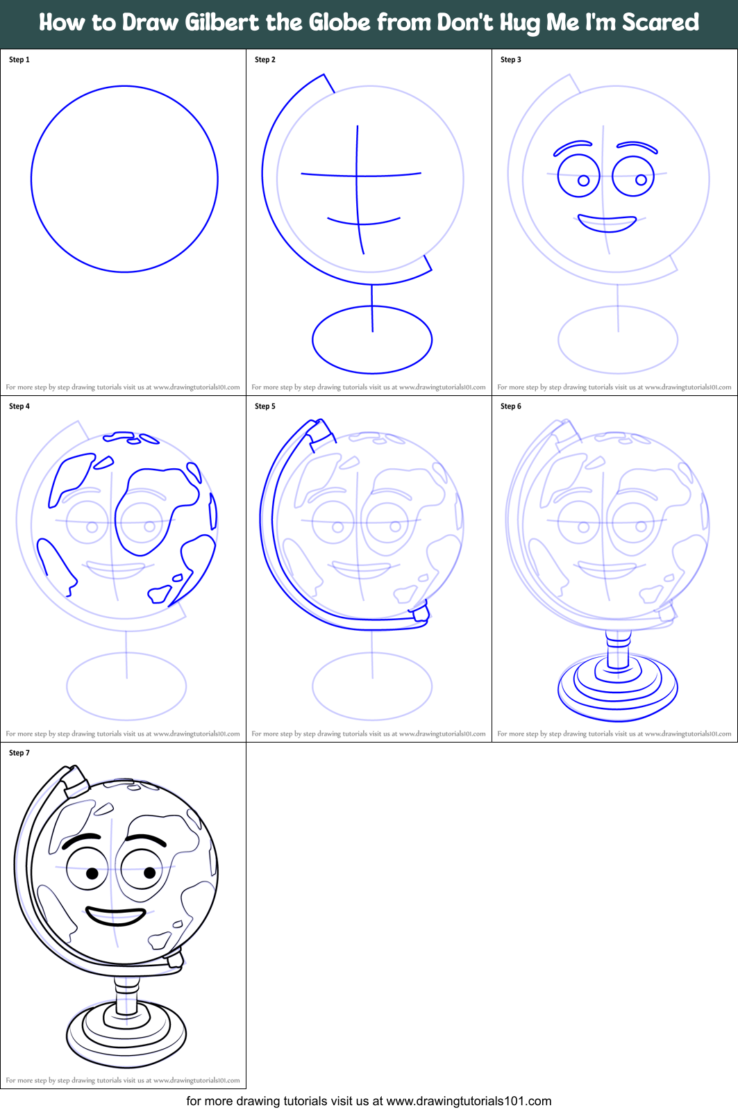 How to Draw Gilbert the Globe from Don't Hug Me I'm Scared Printable Step by Step