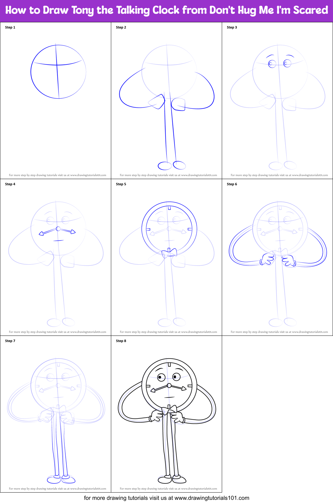 How to Draw Tony the Talking Clock from Don't Hug Me I'm Scared Printable Step by Step