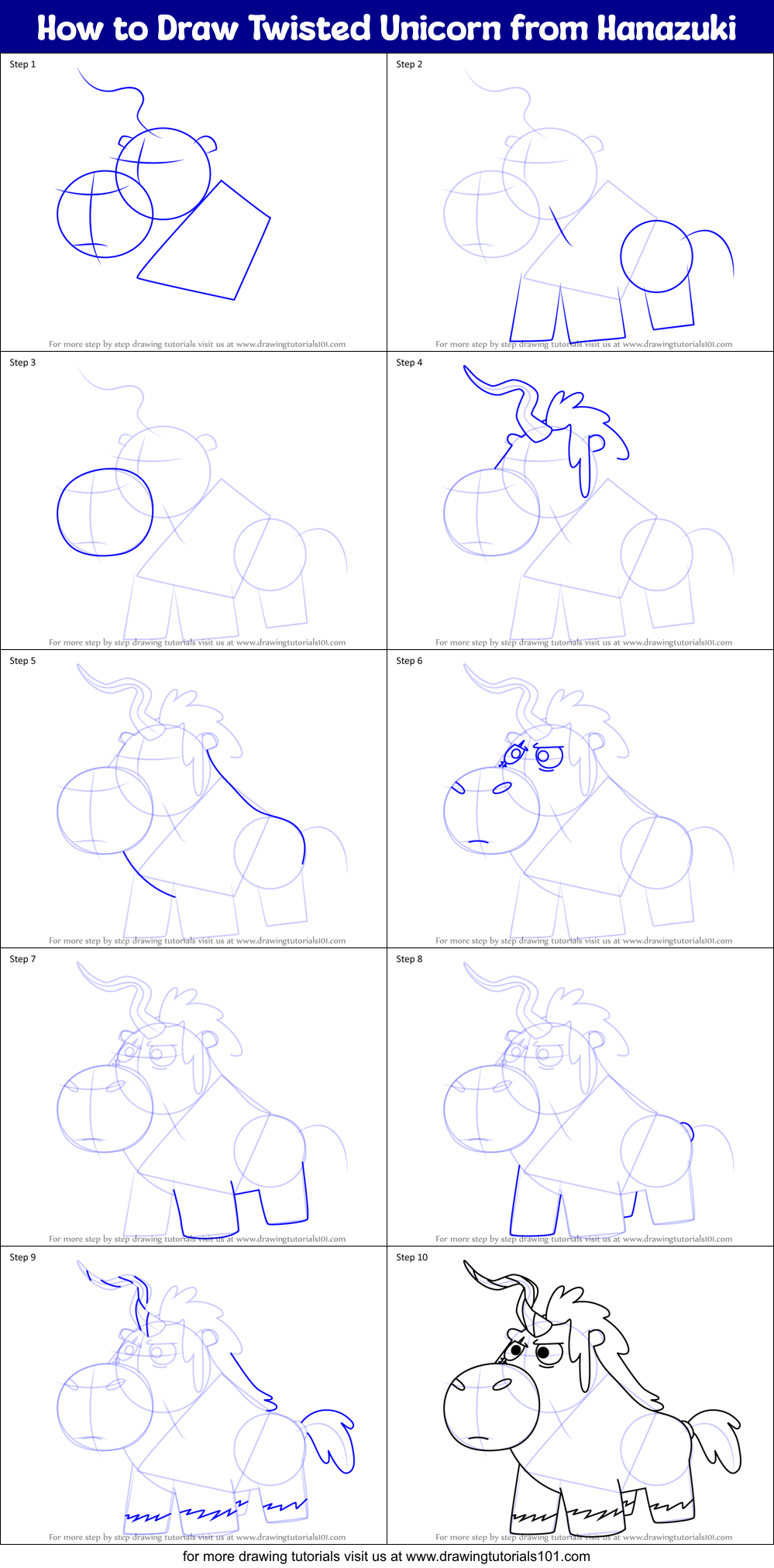 How to Draw Twisted Unicorn from Hanazuki Printable Step by Step