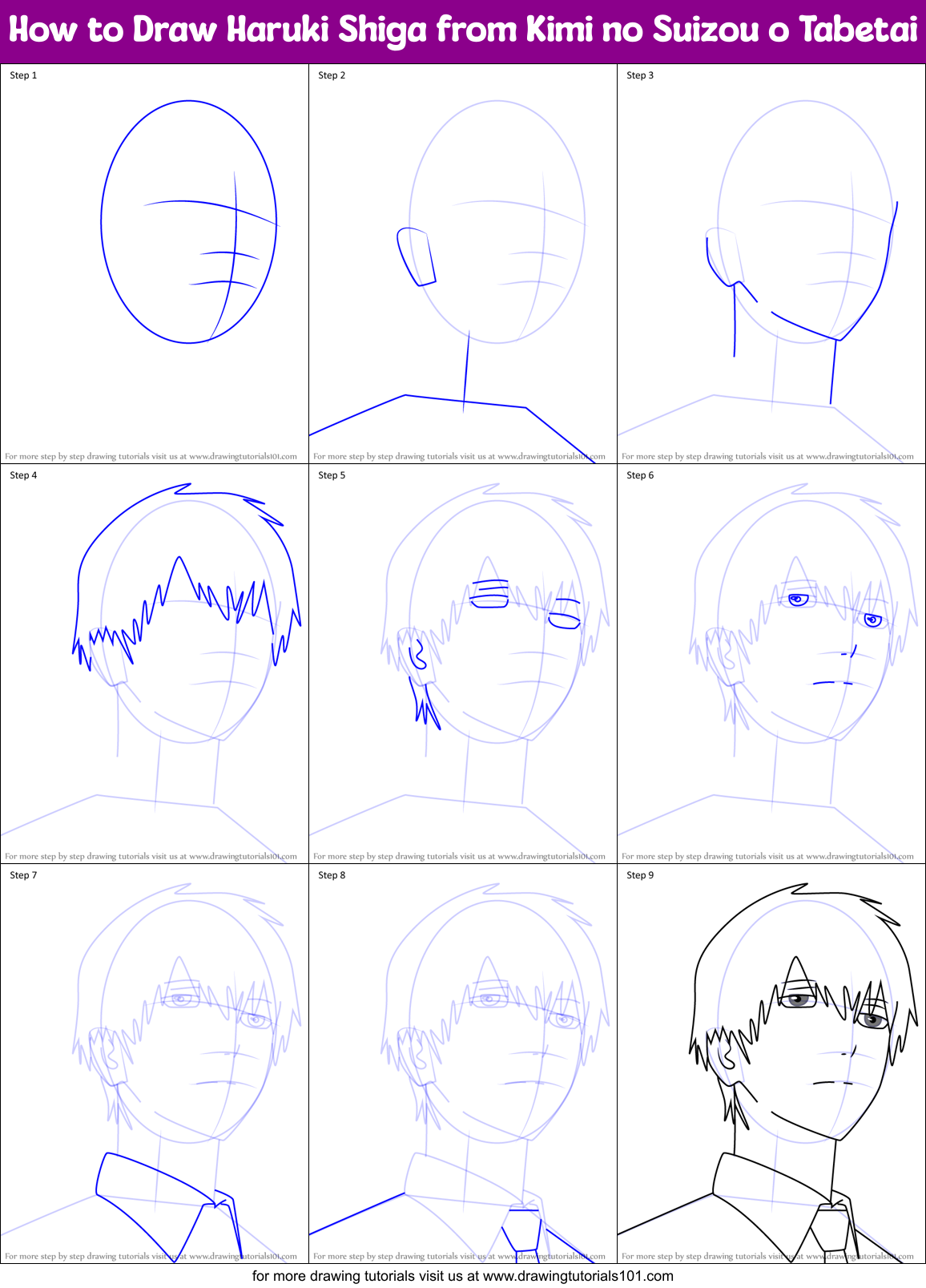 How to Draw Haruki Shiga from Kimi no Suizou o Tabetai Printable Step by Step
