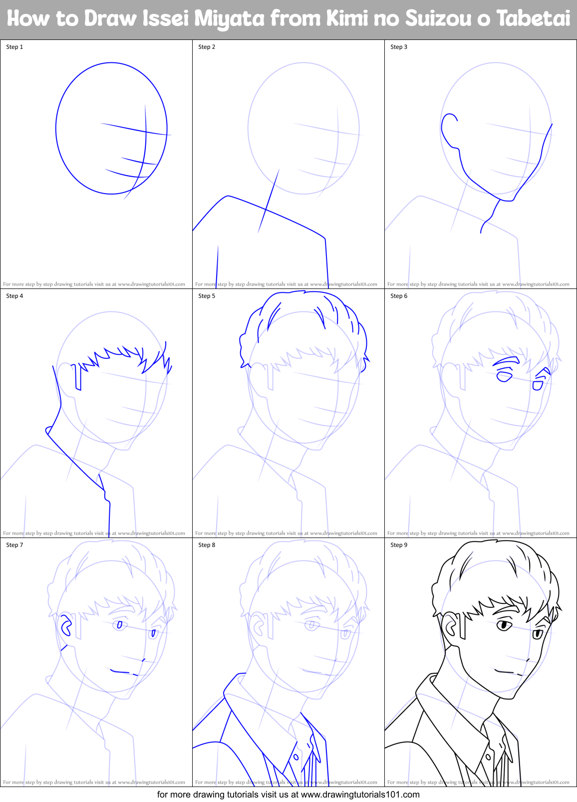 How to Draw Issei Miyata from Kimi no Suizou o Tabetai Printable Step by Step